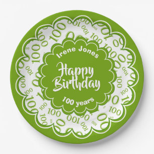 100th Green/White Random Number Pattern Paper Plate