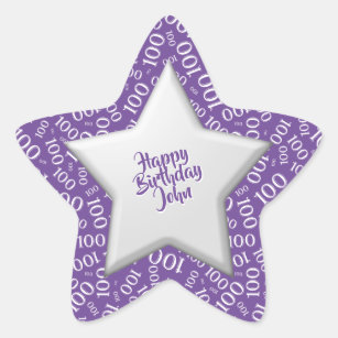 100th Happy Birthday Number Pattern Purple/White Star Sticker