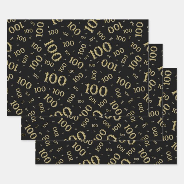 100th Modern Black/Gold Random Number Pattern Wrapping Paper Sheet (Set)