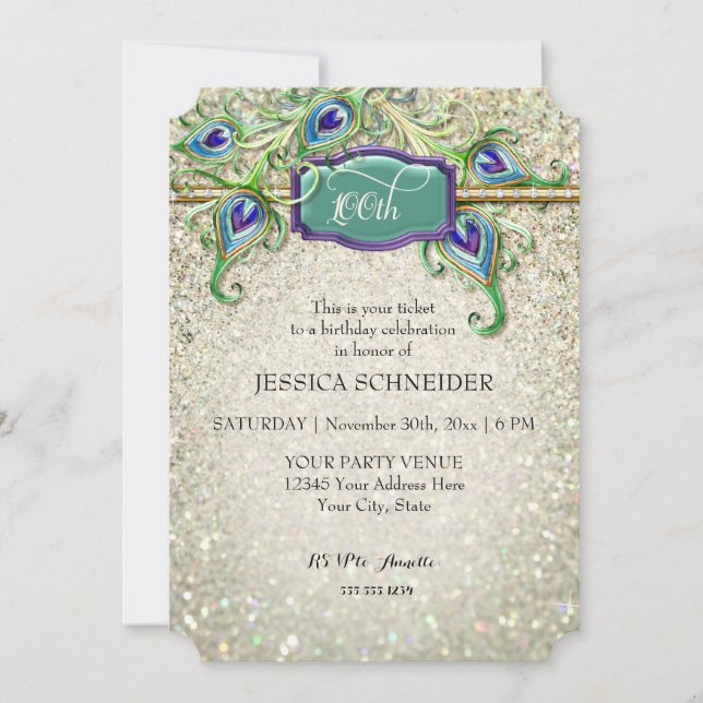 100th One Hundredth Birthday Party Peacock Feather Invitation (Front)