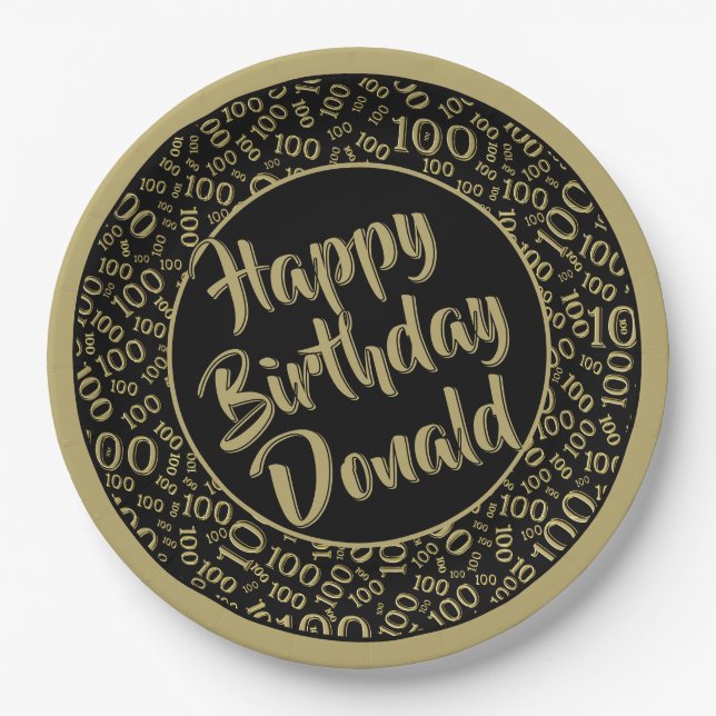 100th Party Random Number Pattern Black/Gold Paper Plate (Front)