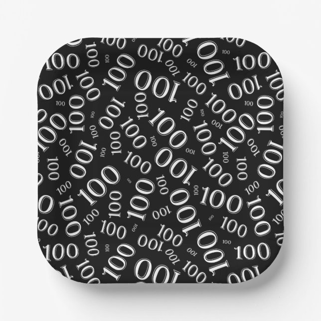 100th Party Random Number Pattern Black/White Paper Plate (Front)