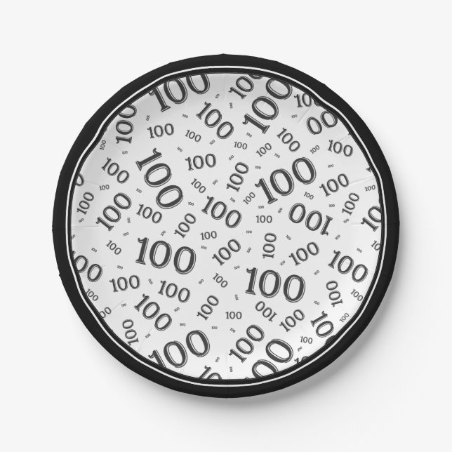 100th Party Random Number Pattern Black/White Paper Plate (Front)