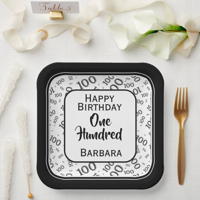 100th Party Random Number Pattern Black/White Paper Plate (Wedding)