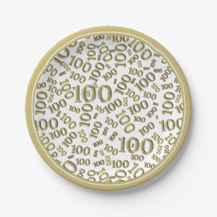 100th Party Random Number Pattern Gold/White Paper Plate