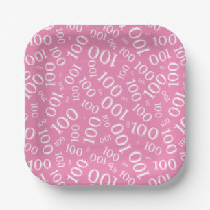 100th Party Random Number Pattern Pink/White Paper Plate