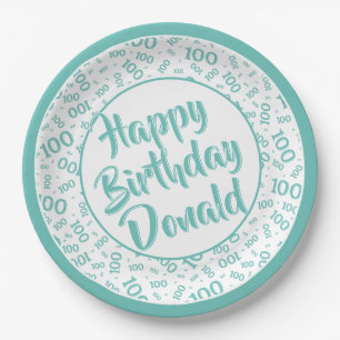 100th Party Random Number Pattern Teal/White Paper Plate