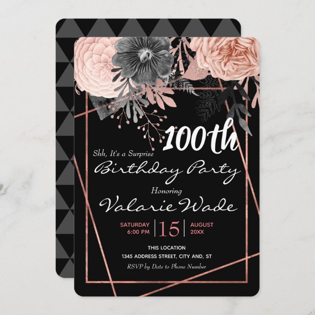 100th Suprise Birthday Party Pink Roses Invitation (Front/Back)
