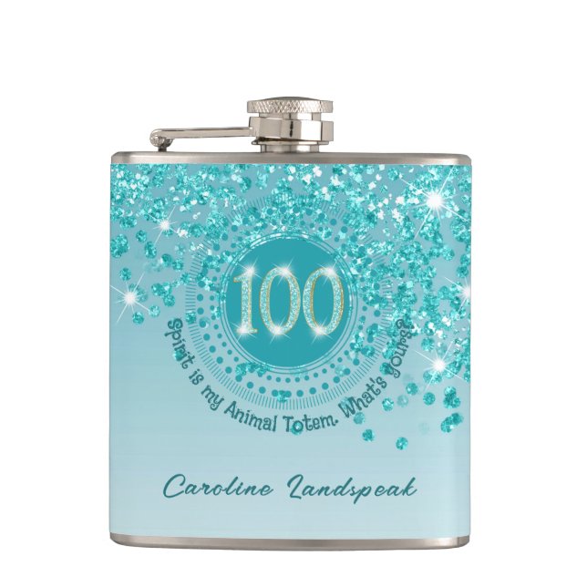 100th & Teal Blue Glitter & Drinking Quote Hip Flask (Front)