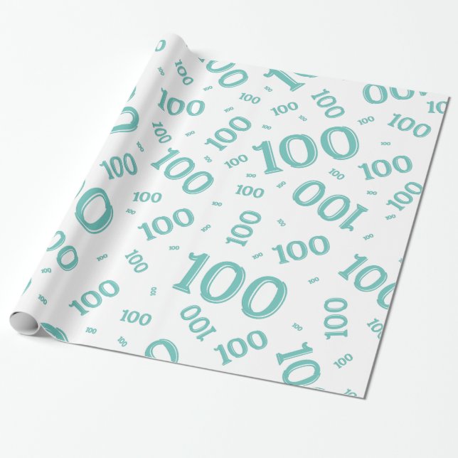 100th Teal/White Random Number Pattern Large Wrapping Paper (Unrolled)