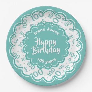 100th Teal/White Random Number Pattern Paper Plate