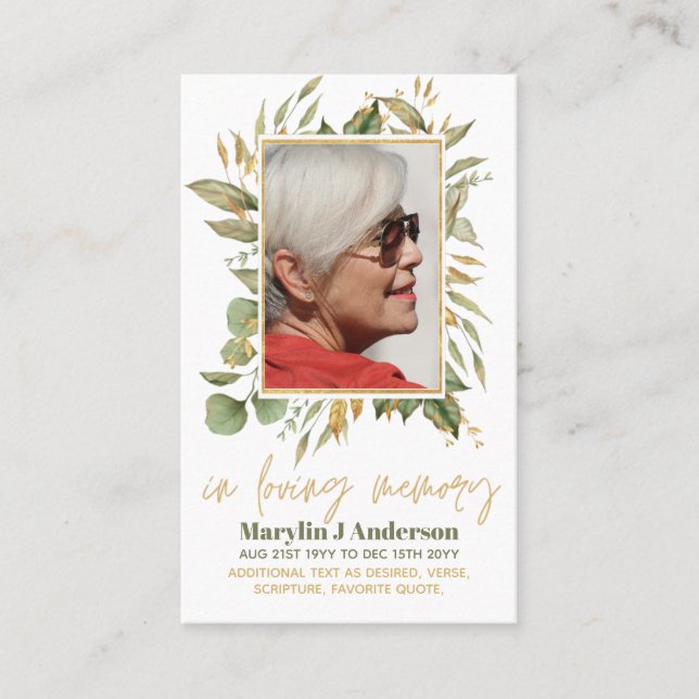 100x Budget Greenery Photo Sympathy Funeral Prayer Business Card (Front)