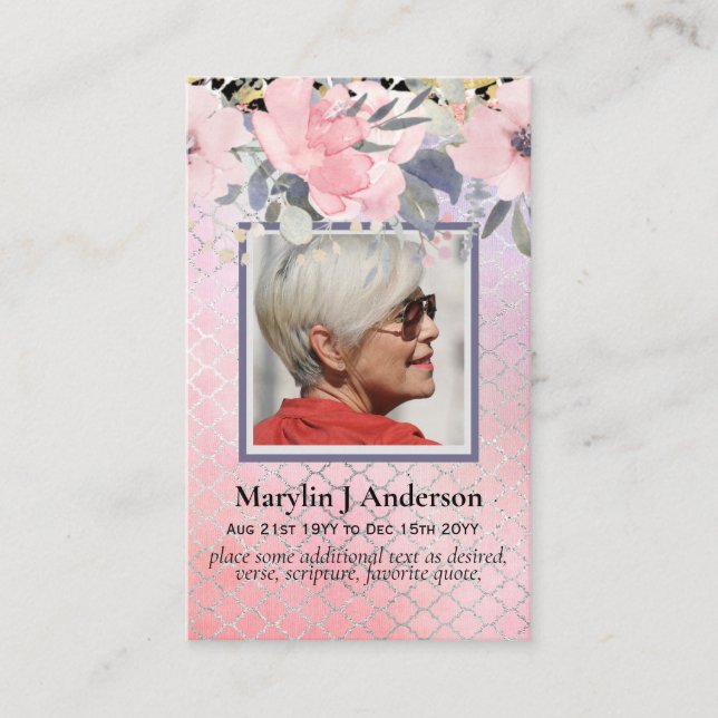 100x Budget Pink Floral Photo Memorial Prayer Business Card (Front)