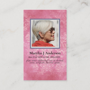 100x Elegant Pink Damask PHOTO Prayer Memorial Business Card