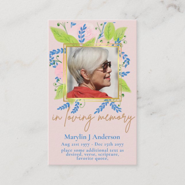 100x Pretty Blue Floral PHOTO Prayer Memorial Card (Front)