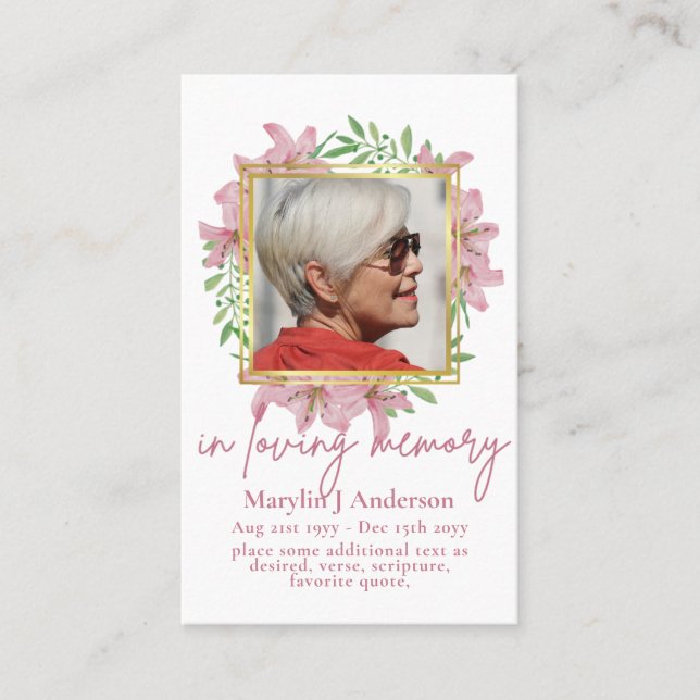 100x Pretty Floral PHOTO Prayer Memorial Card (Front)