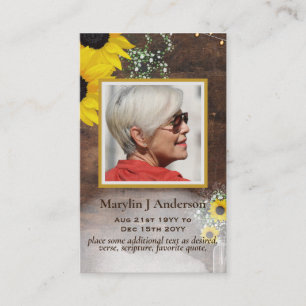 100x Rustic Sunflowers PHOTO Prayer Memorial Card