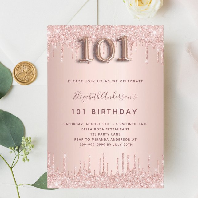 101 birthday rose gold drips elegant invitation (Creator Uploaded)
