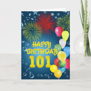 101st Birthday card with fireworks and balloons