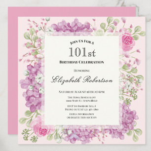 101st Birthday Invitation Elegant Pink Flowers
