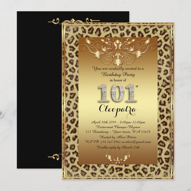 101st,Birthday Party 101st, Royal Cheetah gold Invitation (Front/Back)