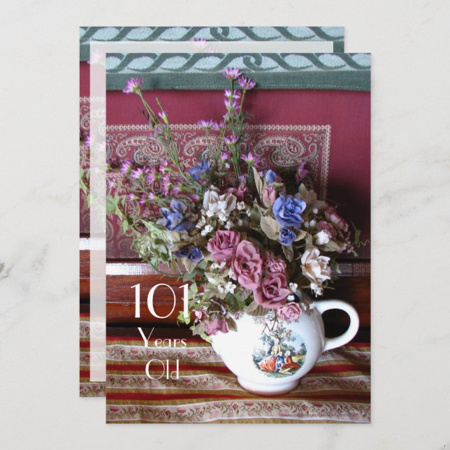 101st Birthday Party Invitation, Vintage Teapot Invitation (Front/Back)