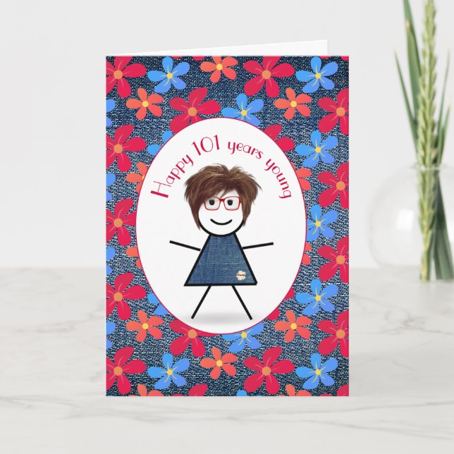 101st Birthday Stick Girl and Daisies On Denim Card (Front)