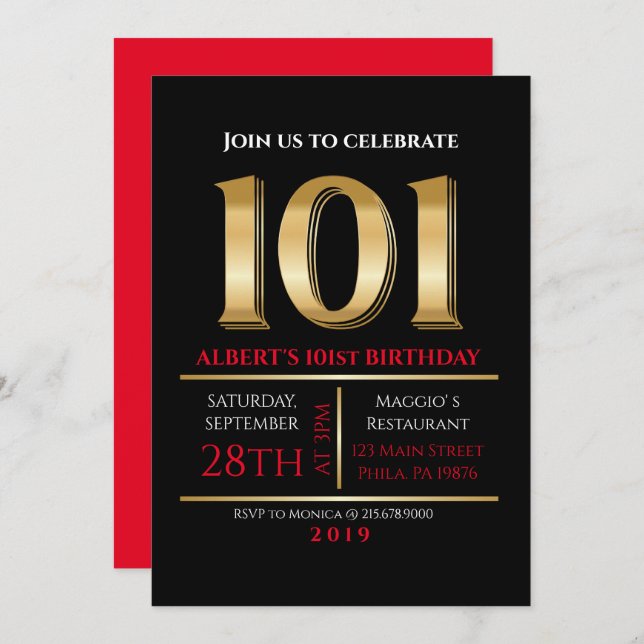 101th Birthday Gold Black Party Invitation (Front/Back)