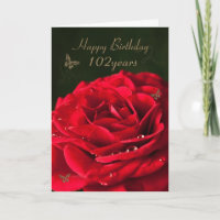 102nd Birthday Card with a classic red rose