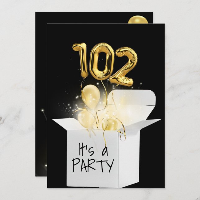 102nd Birthday Gold Balloons In White Box  Invitation (Front/Back)
