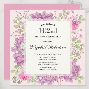 102nd Birthday Invitation Elegant Pink Flowers