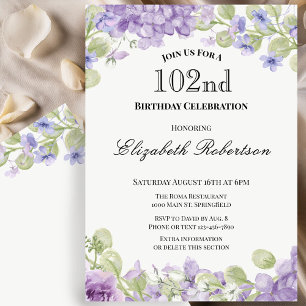 102nd Birthday Invitation Elegant Purple Floral