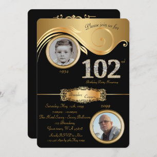 102nd,Birthday Man 102nd,elegant art deco,black Invitation