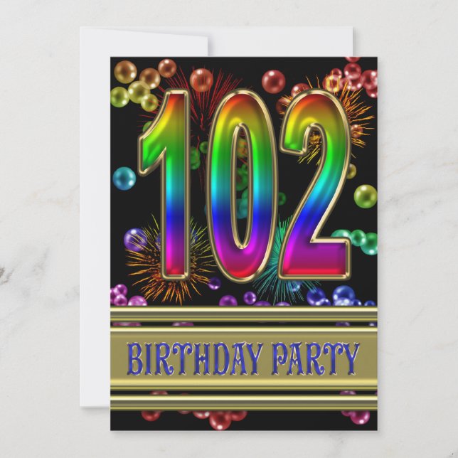 102nd Birthday party Invitation with bubbles (Front)