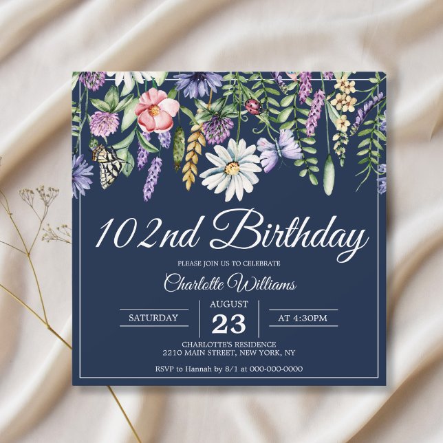 102nd Birthday Wildflowers Navy Elegant 102 Years Invitation (102nd Birthday Wildflowers Navy Elegant 102 Years Invitation
)