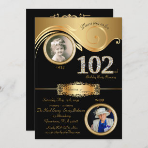102nd,Birthday Woman 102nd,elegant art deco,black Invitation