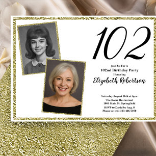 102nd Custom Photo White and Gold  Invitation