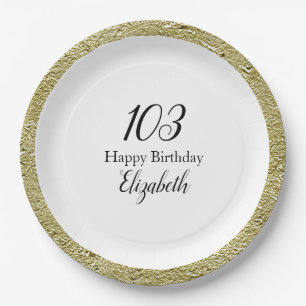 103rd Birthday Black White and Gold  Paper Plate
