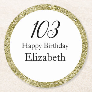 103rd Birthday Black White and Gold Round Paper Coaster