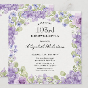 103rd Birthday Invitation Elegant Purple Floral