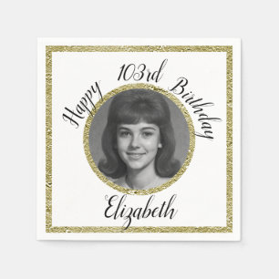 103rd Birthday Napkins Custom Photo White Gold 