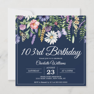 103rd Birthday Wildflowers Navy Elegant 103 Years Invitation