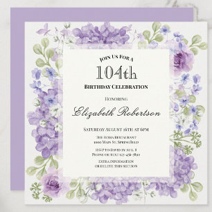 104th Birthday Invitation Elegant Purple Flowers