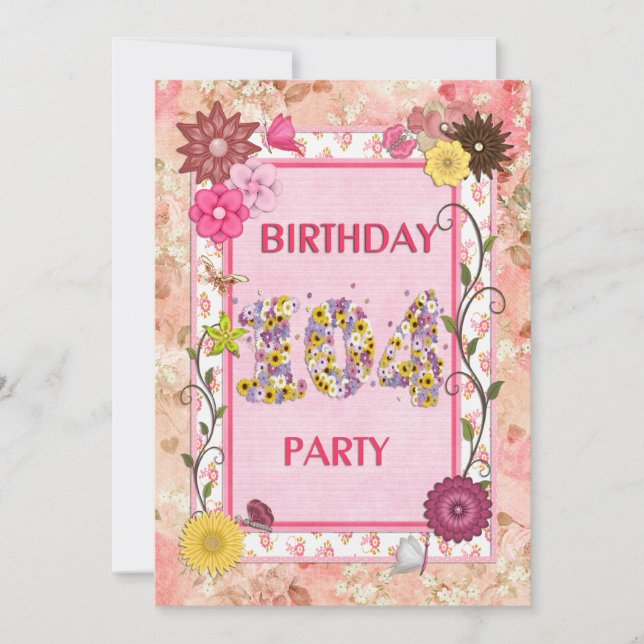 104th birthday party invitation with floral frame (Front)