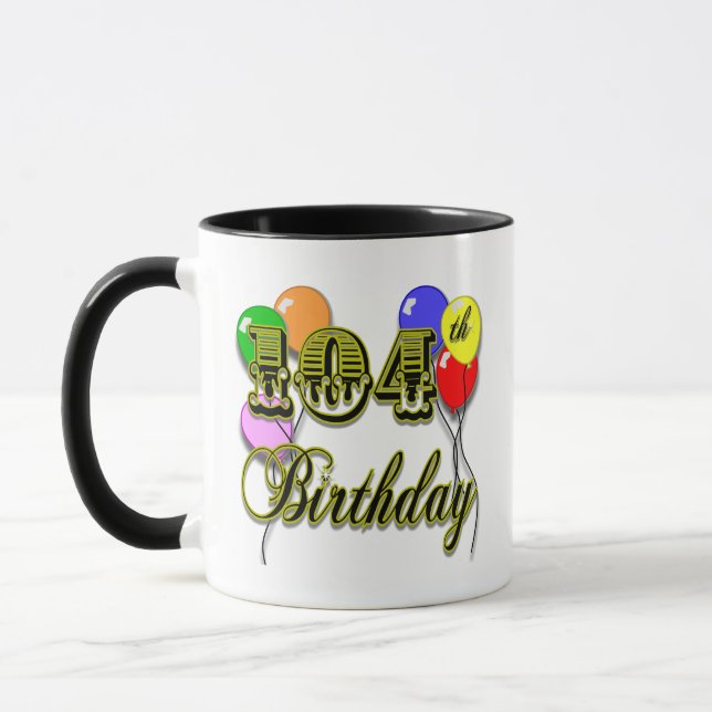 104th Birthday with Balloons Mug (Left)