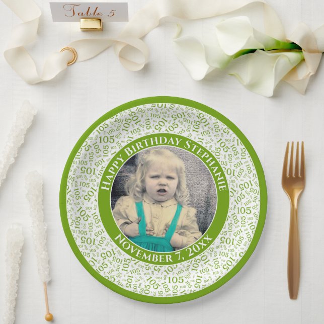 105 Your Photo Random Number Pattern Green/White Paper Plate (Wedding)