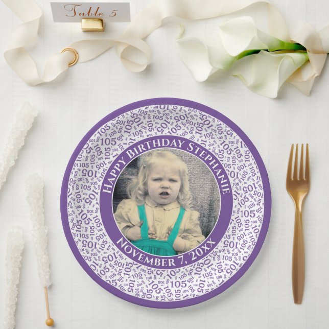 105 Your Photo Random Number Pattern Purple/White  Paper Plate (Wedding)
