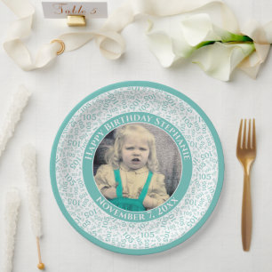 105 Your Photo Random Number Pattern Teal/White  Paper Plate