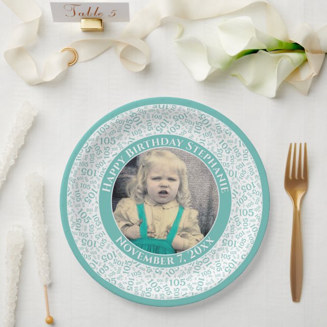 105 Your Photo Random Number Pattern Teal/White  Paper Plate (Wedding)