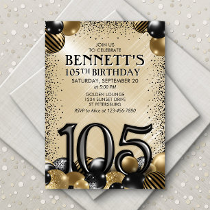 105th Balloons Black Gold Birthday Invitation